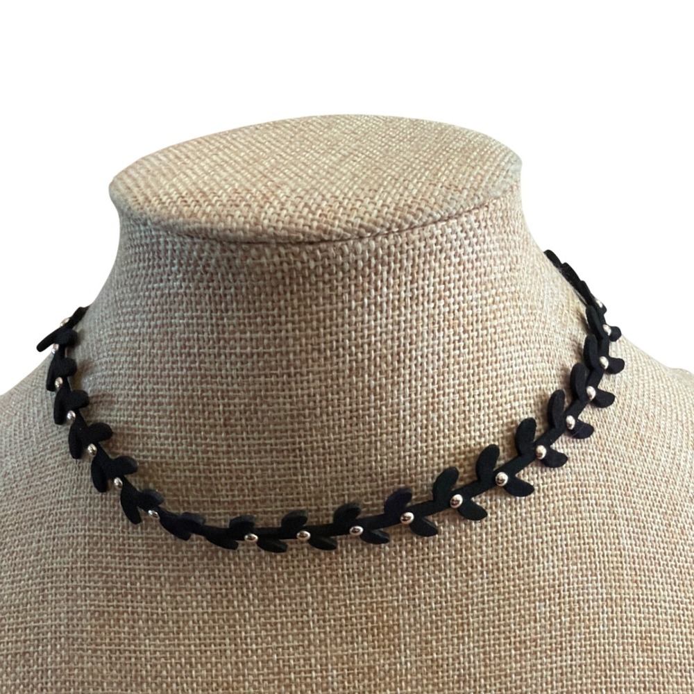 Black Faux Suede Leaf Vine Choker Necklace  Tassel Tie Goth Dark Romance Boho